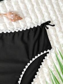 SHEIN Bộ bikini cổ yếm viền hoa đen trắng dành cho thiếu nữ, thích hợp cho kỳ nghỉ hè. - màu đen - Xem 5