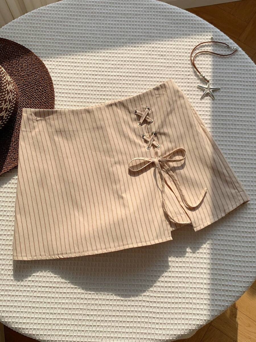 Comfortcana Quần short nữ mùa hè kiểu dáng thường ngày kẻ sọc buộc chéo. - Màu Khaki - Xem 1