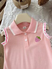 SHEIN 女嬰粉白條紋夏季 Polo 洋裝，可愛草莓刺繡對比領飾、荷葉邊飾邊、荷葉裙襬 A 字版型，適合上學與日常穿著 - 粉色 - 查看 5