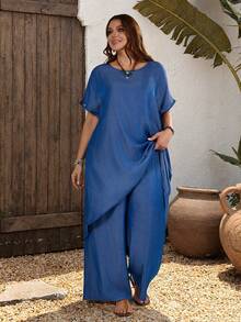 EMERY ROSE Plus Size Women's Brown Summer Boho Vacation Solid Batwing Sleeve Loose Top And Wide Leg Pants Set,2 Pieces Beach Gym - Blue - View 6