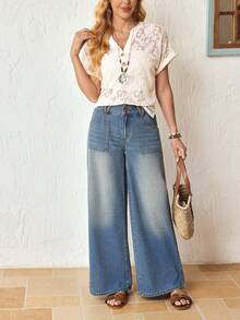 SHEIN LUNE Women's Fashionable Casual Washed Straight-Leg Jeans Travel Light Blue Summer - Blue - View 6