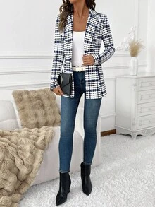 SHEIN PETITE CURVE 大码女士优雅格纹西装外套，百搭日常长袖西装外套，经典格纹西装外套，适合通勤，秋季女士格纹西装外套，千鸟格西装外套，办公室西装外套，女士秋季格纹西装外套，适合外出、商务休闲、职业女性，舒适的秋冬女装 - 藍白色 - 查看 4