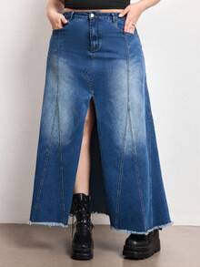 Hippie Plus Size Vintage Washed Denim A-Line Skirt, Versatile For All Seasons - Blue - View 1
