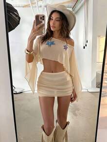 Soleia Ensemble top et mini-jupe asymétrique à deux sens avec motif de diamant et d'étoile de mer bohème pour femmes, tenue de vacances d'été à la plage, tenue de festival de musique country occidentale. Tenue de festival pour femmes, tenue de plage pour femmes, look country féminin - Nude - Voir 2