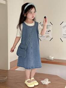 DAZY Đầm denim không tay kèm túi đeo chéo, dáng rộng cho bé gái (size nhỏ) - Rửa trung bình - Xem 7