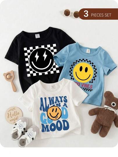 SHEIN 3pcs Casual "SMILE, Baby Boy" Letter Graphic Round Neck Short Sleeve Top, Suitable For Summer
