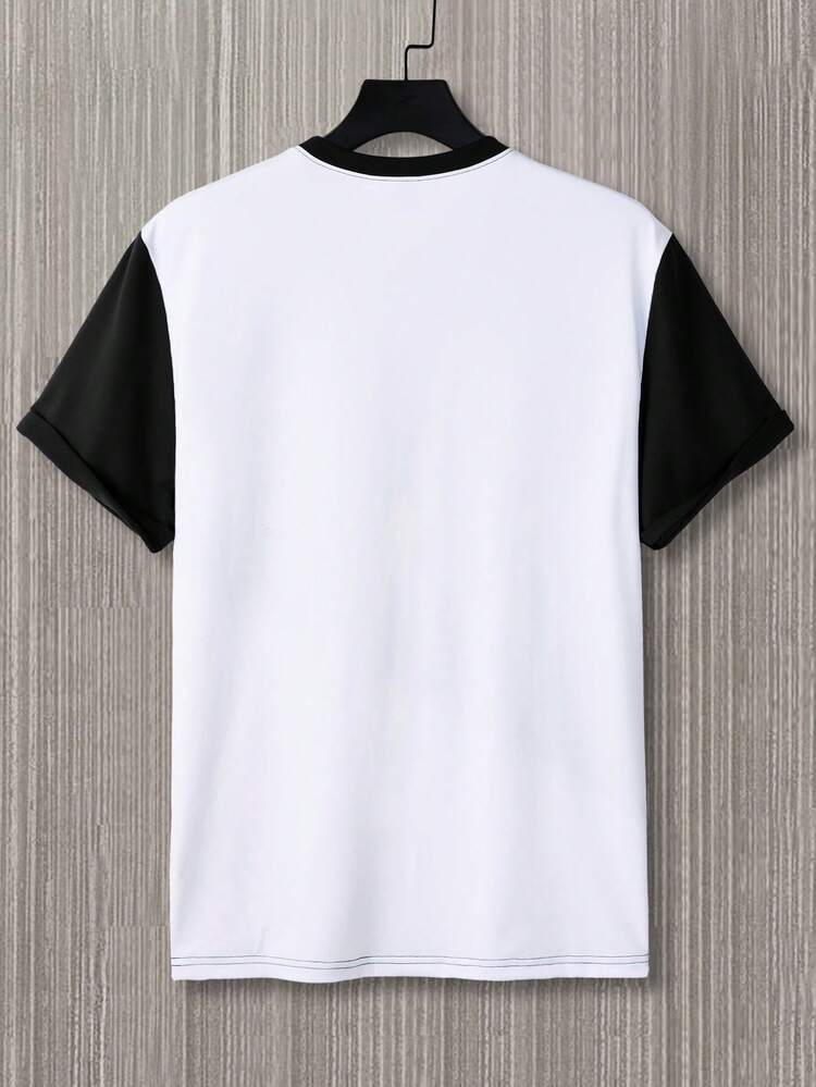 Manfinity Homme Áo thun ngắn tay phối màu tương phản dành cho nam cỡ lớn, thích hợp mặc ngoài trời và dự tiệc. - Đen và trắng - Xem 2