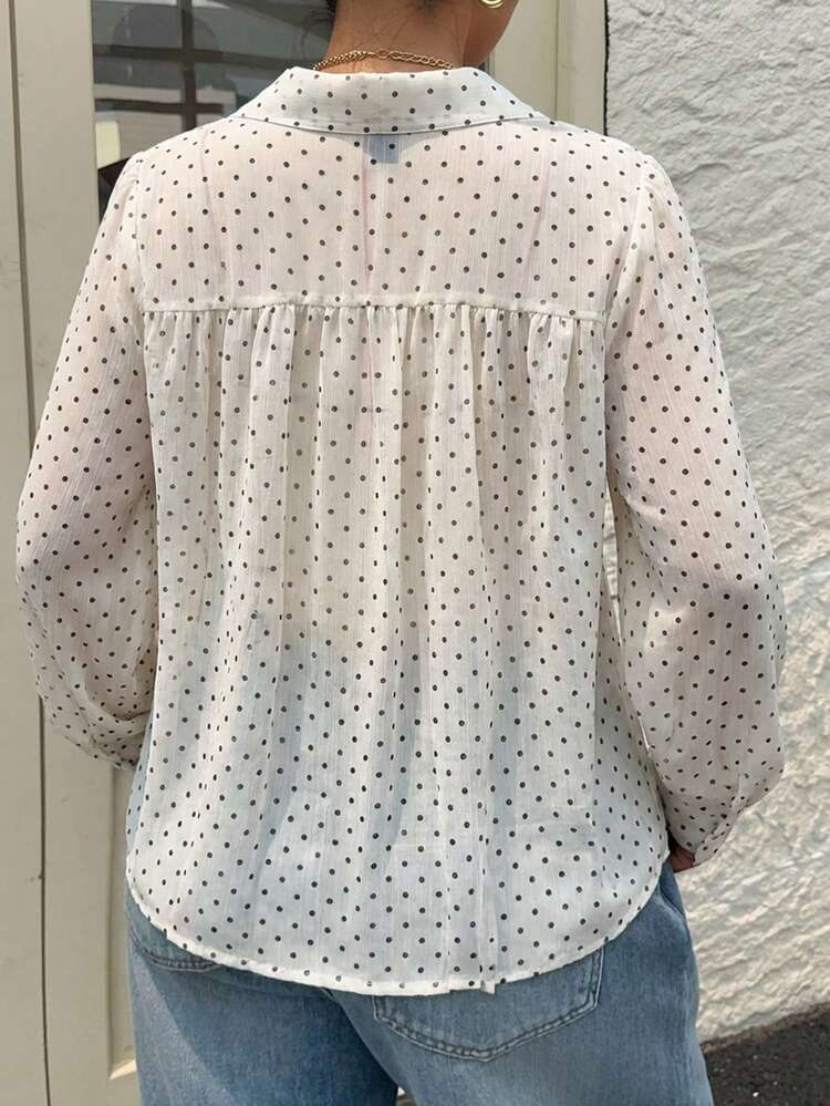 Dazy Plus Elegant White Shirt With Polka Dot Ribbon Tie Collar, Bowknot Cardigan, Versatile Commuter Top, Plus Size Women Spring/Summer