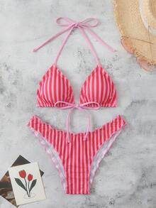 SHEIN Swim Mod Bộ bikini hai mảnh mùa hè dành cho nữ, họa tiết chấm bi, kiểu áo hai dây gợi cảm thắt nơ, thích hợp cho kỳ nghỉ biển. - Hồng - Xem 5