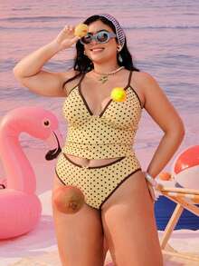 Swim Mod Bộ bikini hai mảnh cỡ lớn dành cho nữ năm 2026, họa tiết hình học, thời trang, kín đáo, có nơ, dây đeo điều chỉnh được, cạp cao, cạp cao, kiểu tam giác. - Màu vàng - Xem 3