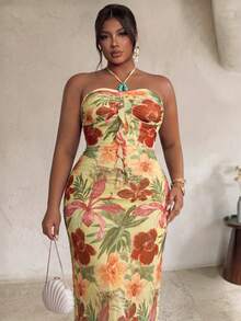 Firerie Plus Size Women Floral Print Ruffle Trim Bodycon Halter Dress Casual Vacation Dress For Women Flower Prints For Women - Multicolor - View 2