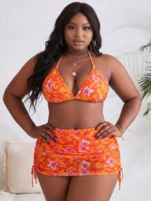 Slaydiva Conjunto de traje de baño de 4 piezas de talla grande con cuello de halter de unicolor - Negro - Ver 3