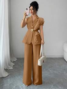 SHEIN Elenzya 女士优雅杏色奢华正式礼服套装，亮片欧根纱荷叶边领系腰西装外套套装，包括无袖外套和直筒裤，酒红色，适合万圣节、圣诞节、新年派对、毕业典礼、婚礼和其他场合。 - 摩卡棕 - 查看 7