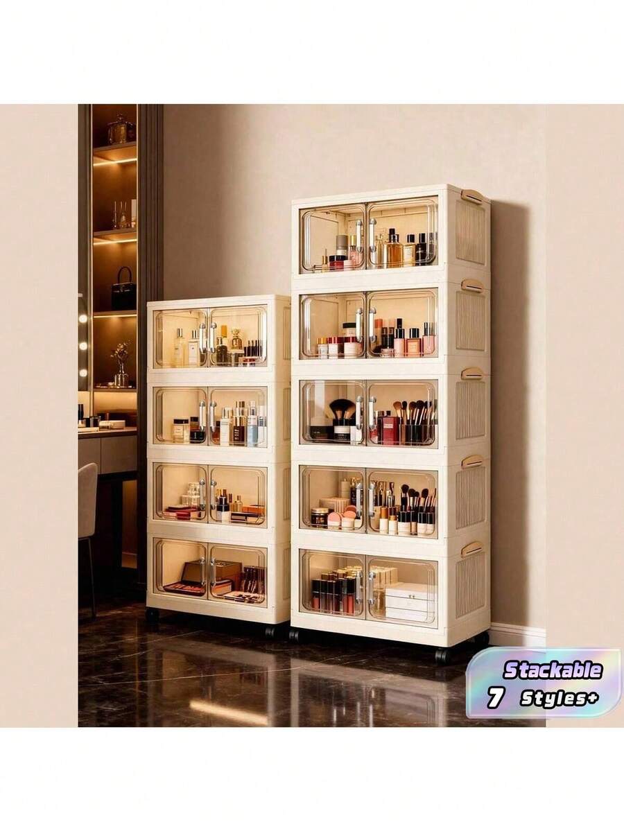 1pc 45/60cm Foldable Storage Cabinet, 1-5 Tier Double Door Storage Organizer, Thickened Plastic Wheeled Storage Cabinet, Living Room Toy & Snack Multi-Layer Cabinet, Clothes Storage Cabinet, Home Dust-Proof Shelving, Home Storage Rack, Storage Box, Plastic Container, Oil Can, Kitchen Storage Supplies, Cup Rack, 1 Oil Can, Spoon Rack, Kitchen Storage Rack - Multicolor - View 1