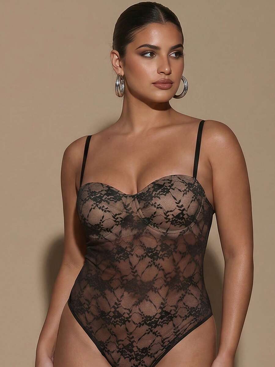 SHEIN BAE 大码女士黑色蕾丝连体衣 - 黑色 - 查看 1