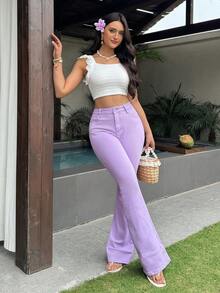 SHEIN Tall 女士高腰口袋休闲百搭喇叭牛仔裤 - 紫色 - 查看 7