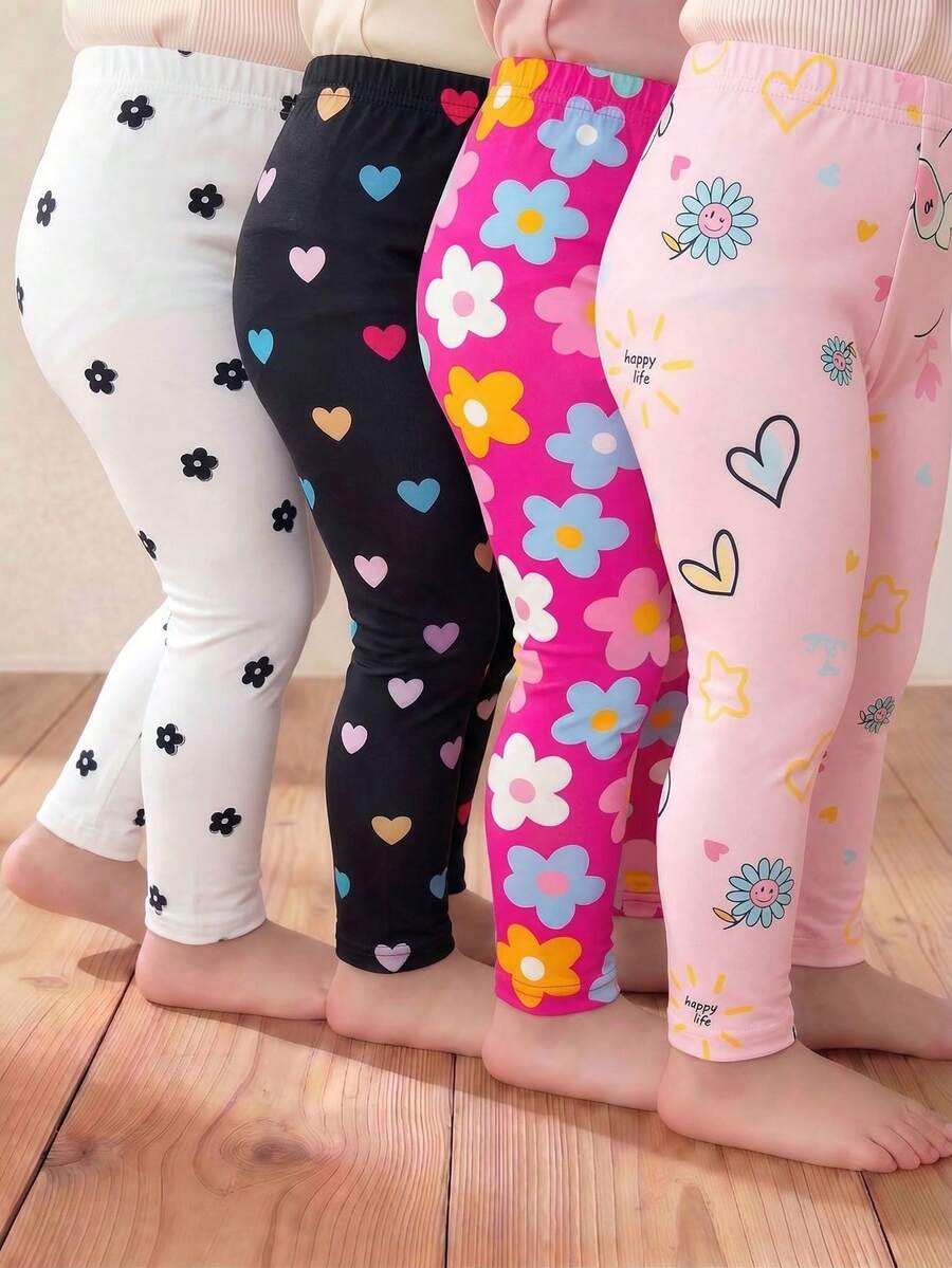 4件套女童休闲百搭柔软可爱碎花、小碎花、蝴蝶结、爱心印花打底裤，高性价比，适合春夏休闲穿着，多色甜美可爱印花裤，百搭打底裤，适合春夏或所有季节。 - 彩色 - 查看 1
