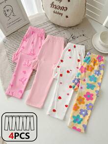 Souflis Souflis 1 Set Legging Kasual Lembut Lucu untuk Anak Perempuan dengan Motif Bunga, Hati, Pita, Bunga Stroberi & Warna Polos, Celana Cetak Manis Multi-Warna untuk Musim Semi - MultiWarna - View 4