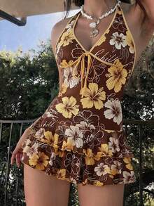 SHEIN MOD Đầm thời trang nữ in hoa, xếp tầng, bèo nhún, thắt eo, thích hợp cho kỳ nghỉ. - Nhiều màu - Xem 1