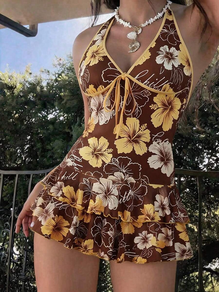 SHEIN MOD Đầm thời trang nữ in hoa, xếp tầng, bèo nhún, thắt eo, thích hợp cho kỳ nghỉ. - Nhiều màu - Xem 1