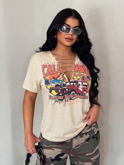 SHEIN SXY Women's Summer Khaki Casual Vintage Distressed Short Sleeve Top, Vintage Punk Motorcycle Graphic Loose T-Shirt, Metal Chain Decor T-Shirt, Suitable For Daily Wear/Music Festivals/Clubs/Parties, Versatile Top