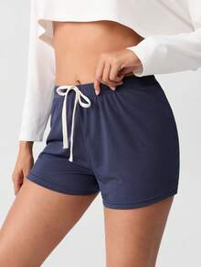 Loungeista 2pcs Women's Solid Color Knit Drawstring Casual Shorts, Comfortable For Home & Sleep, Suitable For Spring, Summer, Autumnfor Summer - Multicolor - View 7