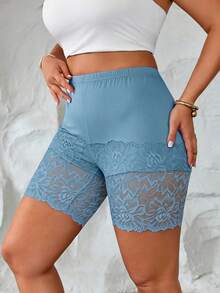 Elenzga Quần legging nữ cỡ lớn phong cách tối giản thường ngày, quần ngắn bó sát phối ren dệt kim tương phản, chất liệu mềm mại, thoải mái, thân thiện với da. - Màu xanh bụi bặm - Xem 6