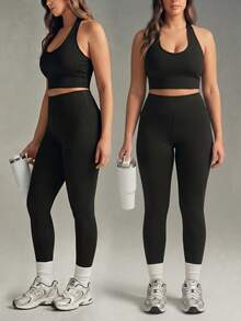 Dewbera Dewbera Plus Size Women Sexy Minimalist Solid Color Backless Halter Top And High Waist Leggings Sports Suit - Black - View 1