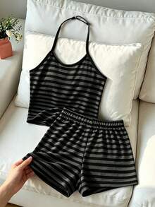 SHEIN 2pcs/Set Girls' Casual Adjustable Spaghetti Strap Top And Shorts Set,Classic Black Gray Striped Outfit For Spring/Summer,School,Daily Wear,Work - Grey - View 9