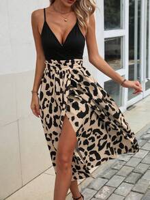 SHEIN Clasi Đầm maxi hai dây xẻ đùi họa tiết da báo dành cho nữ. - Màu Khaki - Xem 1