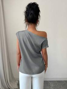 Elenzga Women's Elegant Solid Color Ruched Batwing Sleeve Blouse, Summer - Grey - View 2