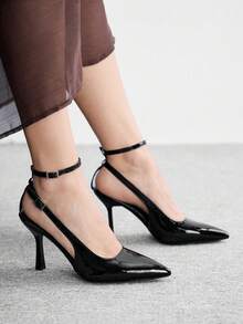 CUCCOO BIZCHIC 尖头细高跟黑色镜面踝带后跟带女式高跟鞋气质简约时尚百搭通勤约会女鞋 - 黑色漆皮 - 查看 4