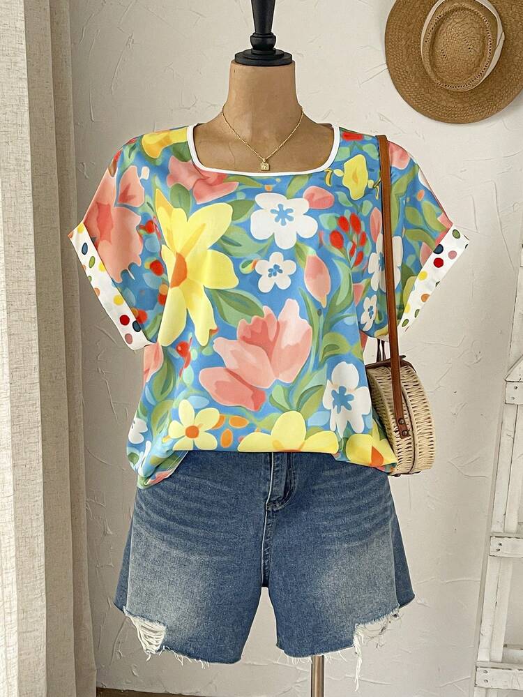 Plus Size Floral Print Batwing Sleeve Shirt, Suitable For Summer Vacation Summer Summer Outfit For Women Festival Outfits For Women Beach Outfits For Women Vacation Outfits Women Holiday Outfits  For Women Country Floral Top