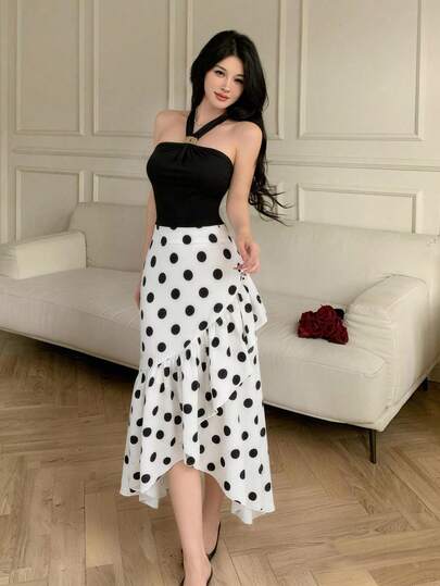 Celisse Women's Halter Top & Polka Dot Ruffle Asymmetrical Skirt Set, Vintage Two Pieces Outfit Elegant Black Halter Neck Top + White Polka Dot High Waist Asymmetrical Skirt Set Women's Vintage Polka Dot Two Pieces Set, Halter Top & Ruffle Hem Midi Skirt For Party