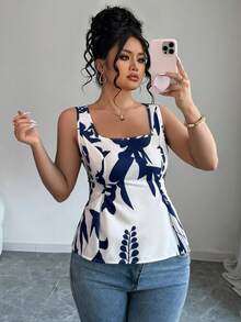 Elenzga Square Neck Sleeveless Tie Back Design Blue & White Plus Size Blouse, Suitable For Spring, Summer, Autumn - Blue and White - View 5