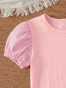 SHEIN Vintaside Kids 女童夏季休闲纯色镂空刺绣花瓣袖T恤 - 粉色 - 查看 4