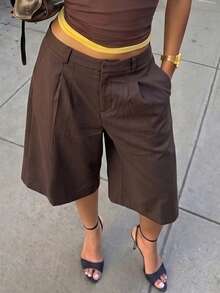 Slaydiva Spring Casual Commuter Grey Bermuda Shorts For Women - Brown - View 2