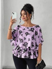 SHEIN Elenzya Áo kiểu nữ cỡ lớn in họa tiết, tay cánh dơi, rộng rãi và thoải mái, màu mơ thanh lịch với họa tiết in đen, phù hợp cho các bữa tiệc, tiệc trà chiều, đi làm, đa năng. - Nhiều màu - Xem 6