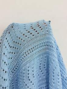 SHEIN Franclia Áo khoác cardigan dáng rộng thoải mái, cổ tròn, tay ngắn, khoét lỗ, phối viền tương phản, màu xanh nhạt, thích hợp cho mùa xuân/hè. - Màu xanh nhạt - Xem 3