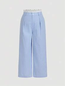 SHEIN MOD 大码蓝白条纹蕾丝拼接阔腿裤，优雅办公装，日常通勤，休闲度假条纹，浪漫蕾丝 - 藍白色 - 查看 6