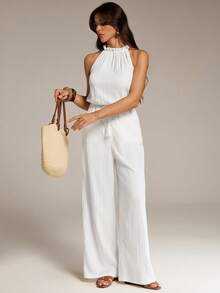 SHEIN Tall Mono de mujer con unicolor, cintura con borlas y atar, para vacaciones - Blanco - Ver 3