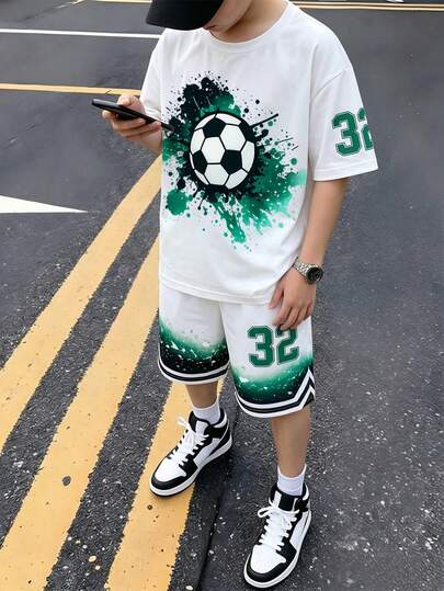 两件套青少年男童夏季短袖短裤套装，时尚针织网布数字条纹印花休闲日常运动休闲户外通勤青少年服装