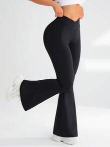Breezaya Plus Size Women Sexy Minimalist Solid Color Backless Halter Top And High Waist Leggings Sports Suit - Black - View 7
