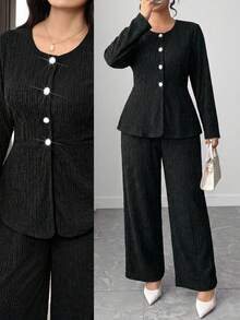 Modelyn Setelan 2 Potong Elegan untuk Wanita Ukuran Plus: Atasan Lengan 3/4 Kancing Tunggal dan Celana Panjang Lebar, Warna Cokelat untuk Olahraga dan Musim Gugur. - Hitam - View 4