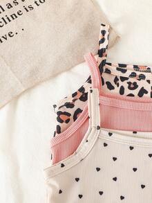 SHEIN Conjunto de camiseta de tirantes acanalada y leggings a juego para hermana y madre, uso diario versátil y casual para niñas bebés, negro + gris jaspeado + estampado de leopardo - Multicolor - Ver 7