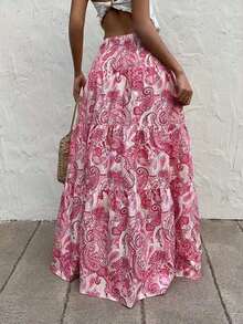 DrmWander Plus Size Women Vacation Cashew Flower Pink Double-Layer Cake Skirt - Multicolor - View 2