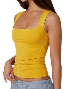 SHEIN SXY Plus Size Simple Solid Color Square Neck Tight Camisole, Summer Mustard Tops For Women Square Neck Top Yellow Mustard Yellow Top - Yellow - View 4