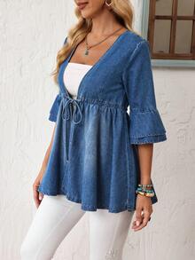 SHEIN Holidaya Áo khoác denim nữ buộc dây, nhún bèo, kiểu dáng thường ngày, đa năng. - Màu xanh lam - Xem 4