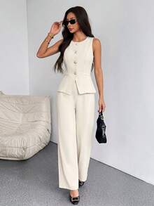 SHEIN PETITE 女款優雅辦公通勤兩件套，無袖單排扣背心與寬腿褲，米白色夏季休閒丹寧質感套裝，修身顯瘦，適合嬌小女性 - 杏色 - 查看 3