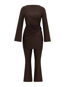 SHEIN Swim 女士新款保守布基尼泳装，纯色修身休闲中东度假风长袖长裤两件套泳装 - 棕色 - 查看 6